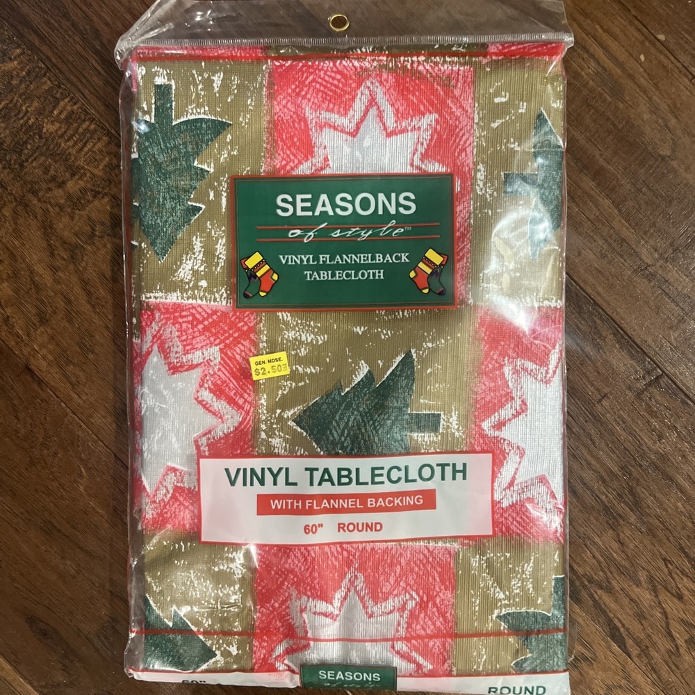 Vintage Vinyl Tablecloth New In Package, Christmas Tree Star Vintage 60" Round